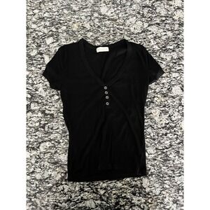 Frankee & Skylarr Henley Shirt Womens Small Black Ribbed Cap Sleeve V Neck